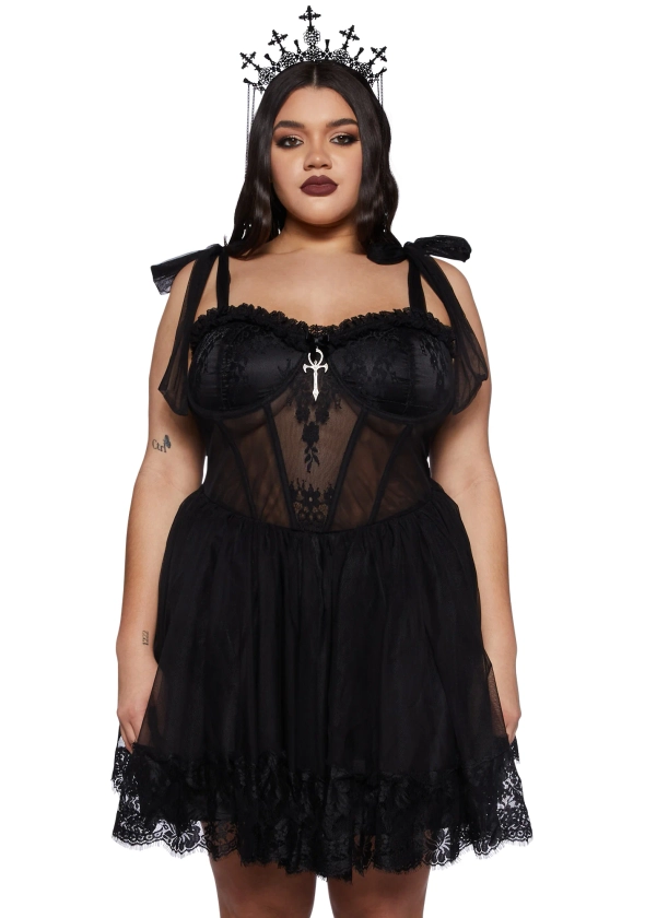 Plus Size Widow Gothic Lace Bustier Mini Dress - Black