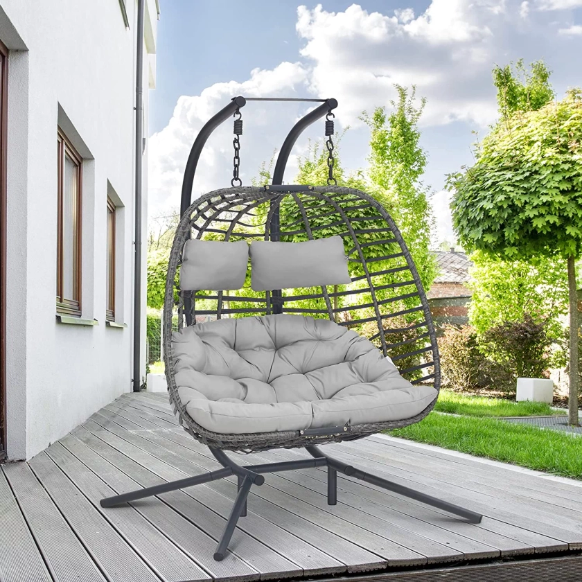 Brafab 2 Person Swing Egg Chair with Sturdy Stand and Fluffy Cushion, Large Double Hand-Woven Wicker Rattan Hanging Egg Chairs, Porch Swing Loveseat 500LBS Capacity for Indoor Outdoor, Light Grey - Walmart.com