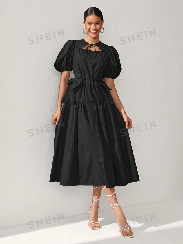 Oxana Vestido midi negro para mujer con mangas abombadas, vestido con volantes, cintura elástica y lazos, vestido de verano elegante, de algodón