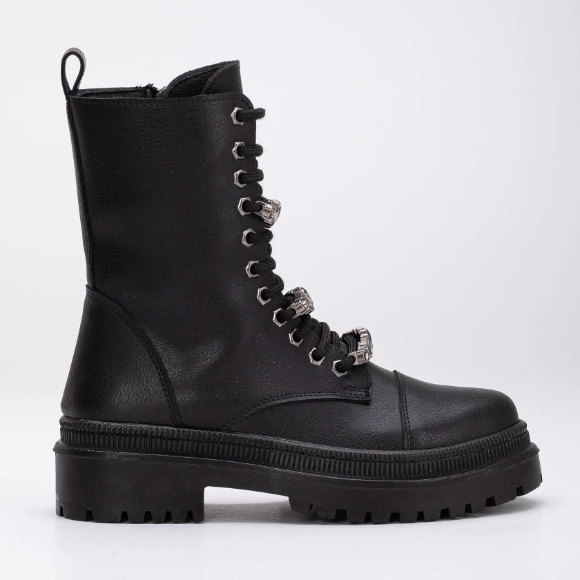 Irene - Black Combat Boots with Rhinestones – Prologue Shoes