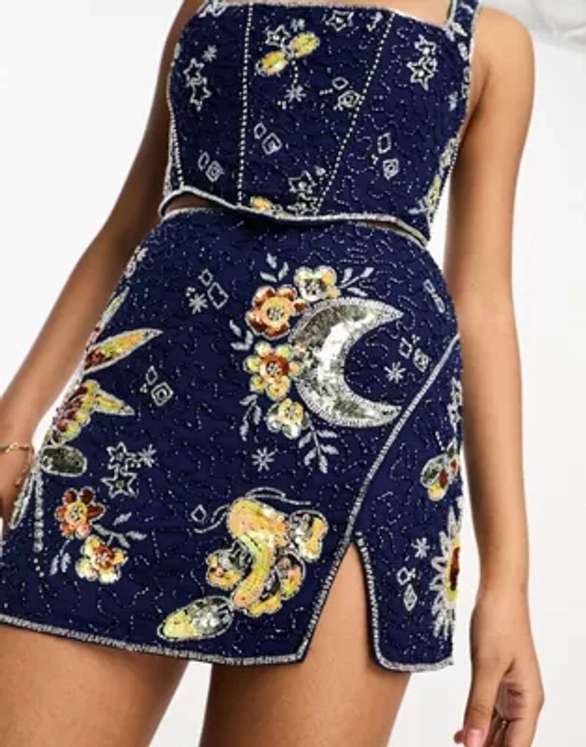ASOS DESIGN celestial motif embellished mini skirt co-ord in blue | ASOS