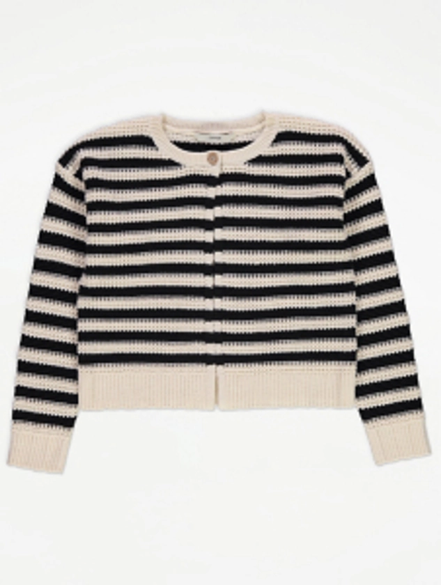 Striped Crochet Single Button Cardigan