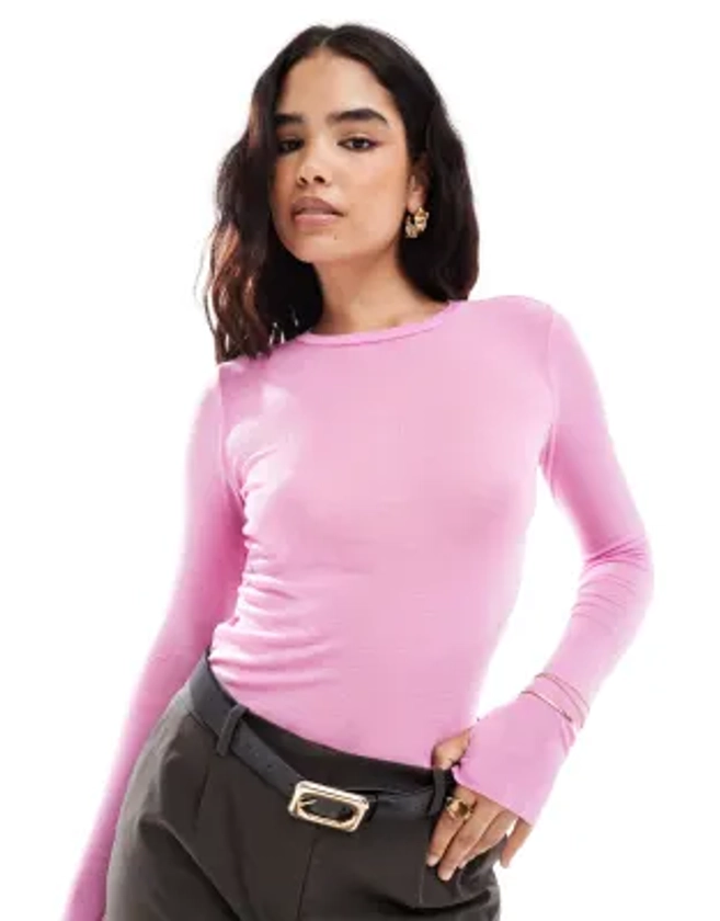 & Other Stories mohair & wool blend long sleeve top with thumbhole detail in pink