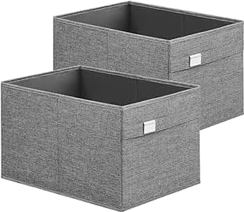 SONGMICS Storage Baskets, Set of 2 Storage Bins, 15.7 x 11.8 x 9.8 Inches, 2 Handles, Oxford Fabric and Linen-Look Fabric, Easy to Clean, Foldable, Metal Label Holders, Dove Gray UROB240G02