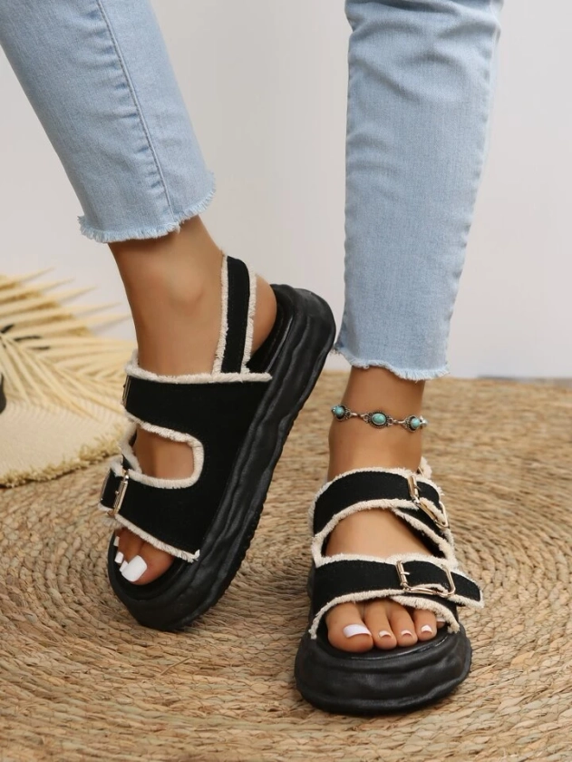 Buckle Decor Raw Trim Flatform Slingback Sandals, Women's Black Fashionable Buckled Solid Color Wedge Heel Sandals With Thick Sole | SHEIN UK