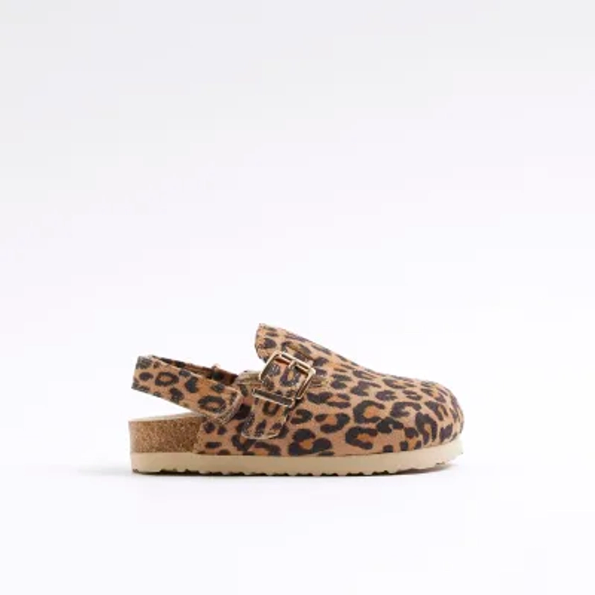 Mini girls brown leopard buckle clogs