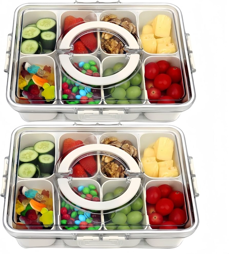 2 Pack Divided Serving Tray with Lid and Handle, Portable 8 Compartments Snackle Box Container, Travel Charcuterie Board with Lid for Kids and Adults - Candy, Fruit, Veggie, Snack Tray with Lid