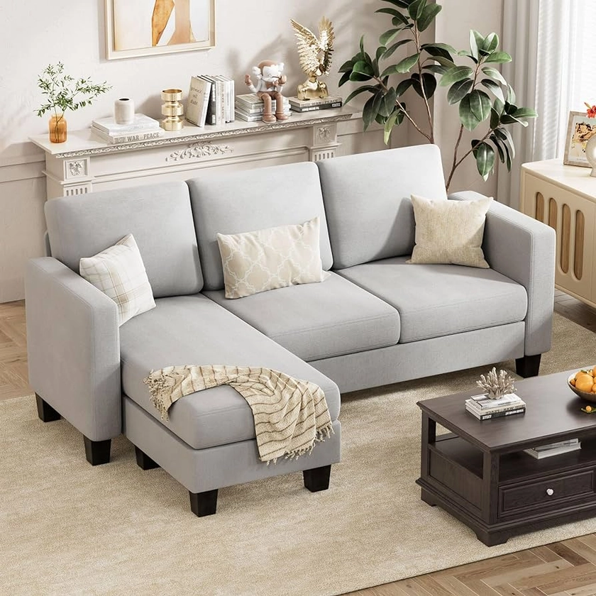 Convertible Sectional Sofa Couch, 3 Seat L-Shaped Sofa with Linen Fabric, Movable Ottoman Small Couch for Small apartments, Living Room and Office (Light Gray)