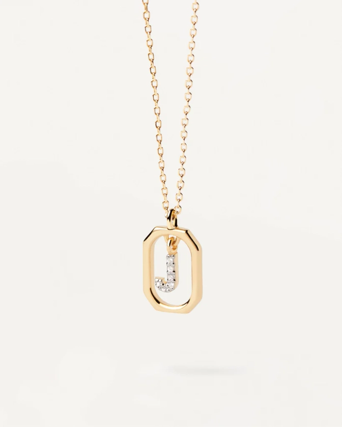 Petit pendentif octogonal en argent plaqué or avec initiale J en zi... | Collier Lettre J Mini | PDPAOLA