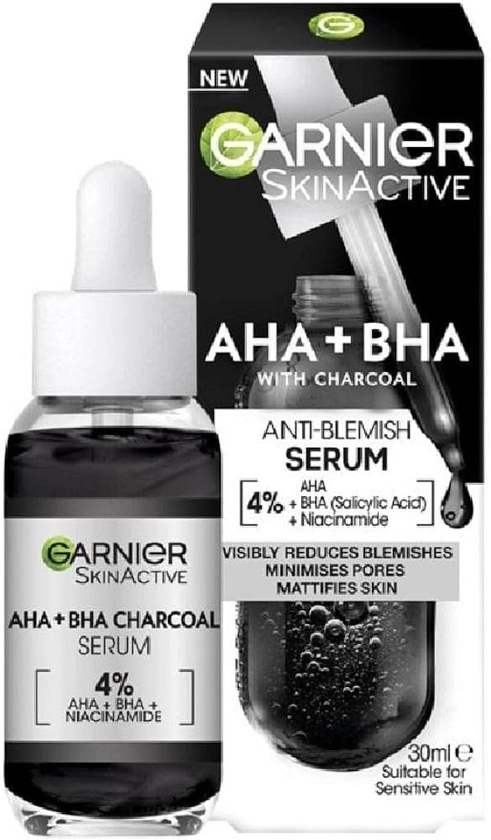 Garnier AHA + BHA Serum, Salicylsäure, Kohle & 4% Niacinamide Serum, Gesichtspflege gegen Unreinheiten, mildert Mitesser & sichtbar, für ebenmäßige & geschmeidige Haut, Hautklar, 30ml