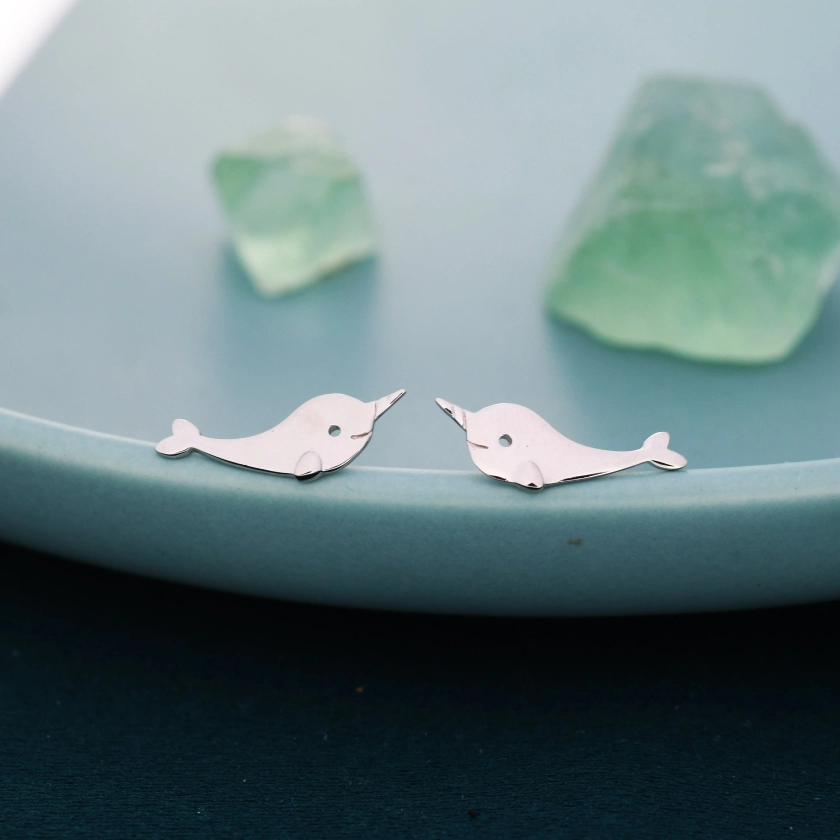 Narwhal Unicorn Whale Stud Earrings in Sterling Silver, Cute Fun Quirk