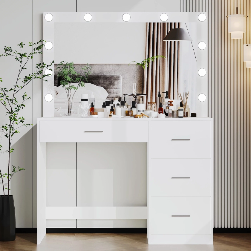 Modern Makeup Vanity Table with Lights, Vanity Desk with Mirror, 4 Drawers, Dressing Table, White