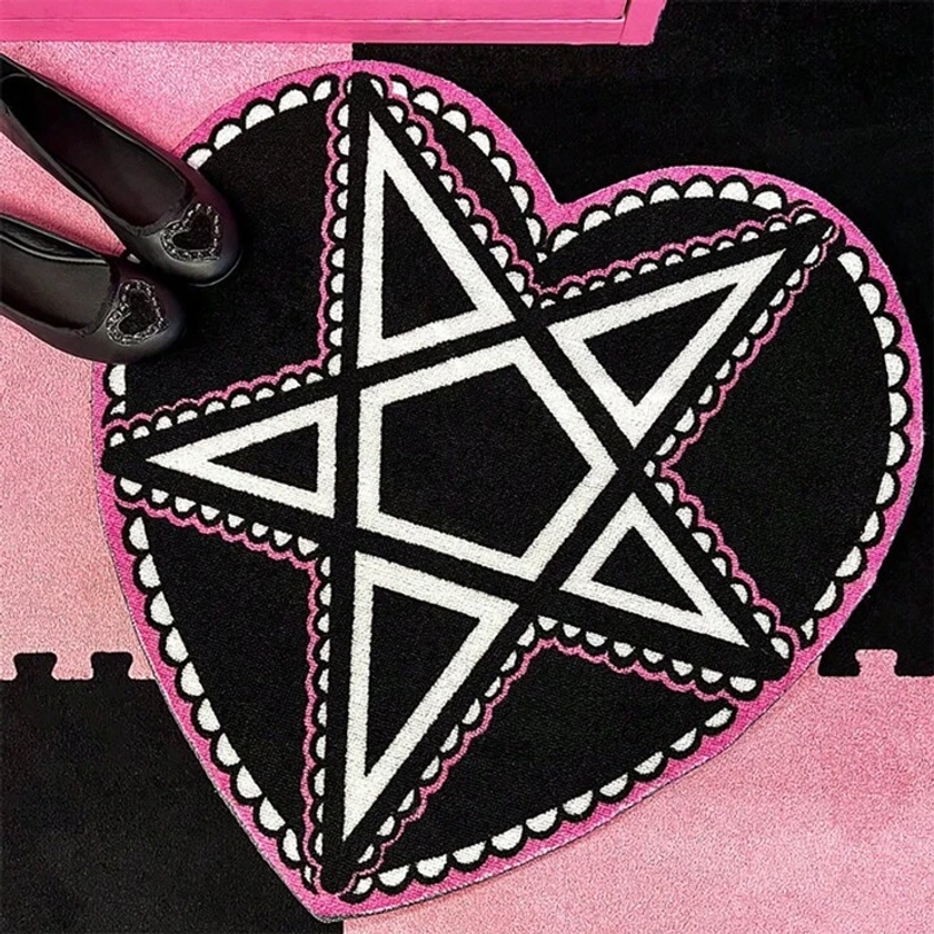 1 pieza de alfombra de área con forma de corazón gótico Lolita - Alfombra de piso con pentagrama rosa para decoración del hogar y sala de estar - Decoración de estilo hiphop para un nicho
