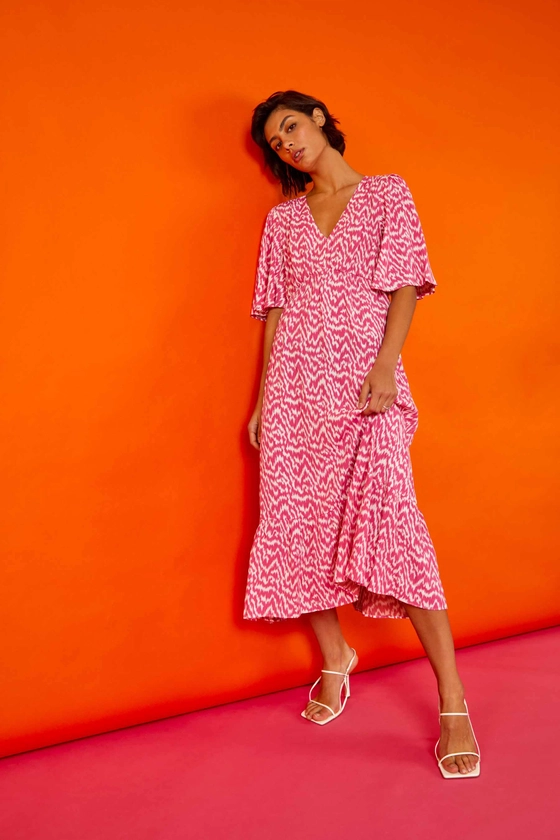 Pink Zig Zag Print Tiered Hem Midi Dress | Roman UK