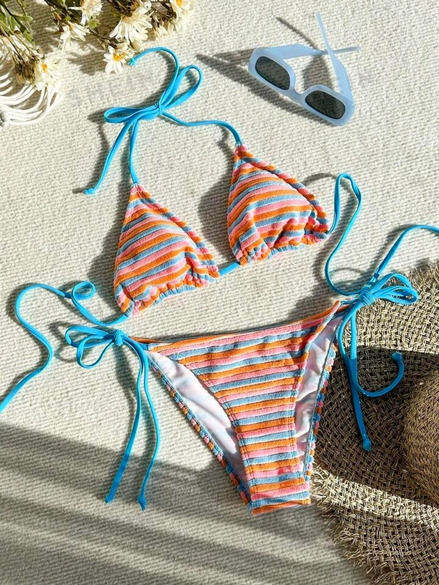 SHEIN X Hangout Fest SHEIN Swim Mod Striped Triangle Tie Side Bikini Swimsuit