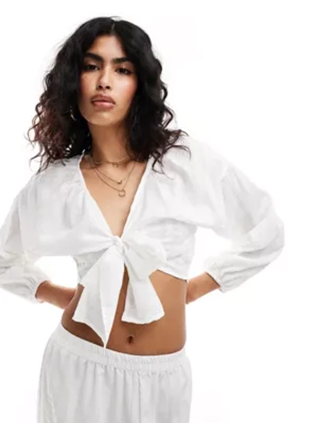 Esmee puff sleeve tie front beach top co-ord in off white | ASOS