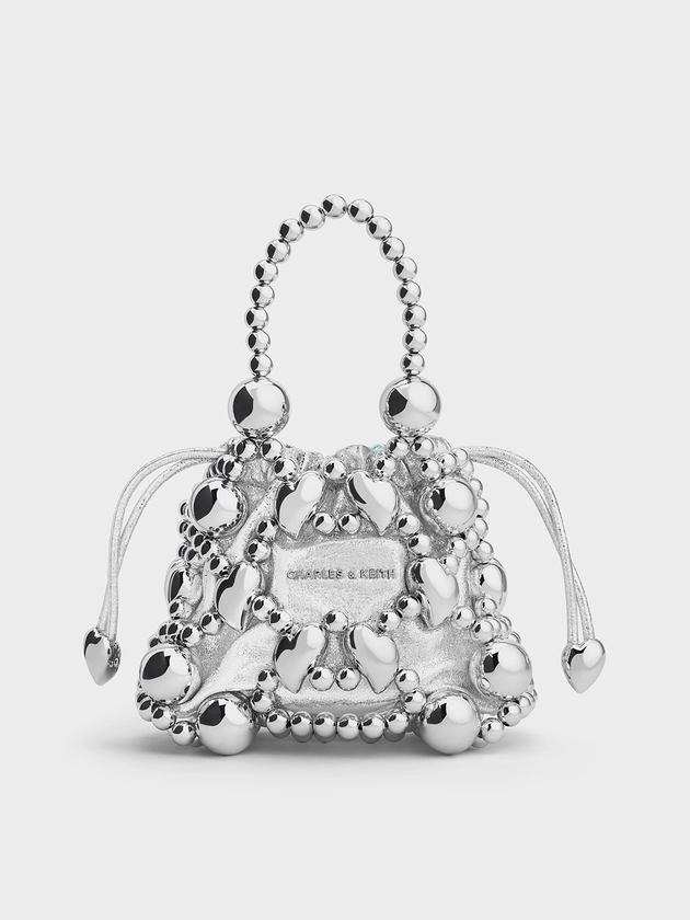 Silver Qixi Gift Set: Metallic Beaded Top Handle Bag | CHARLES & KEITH