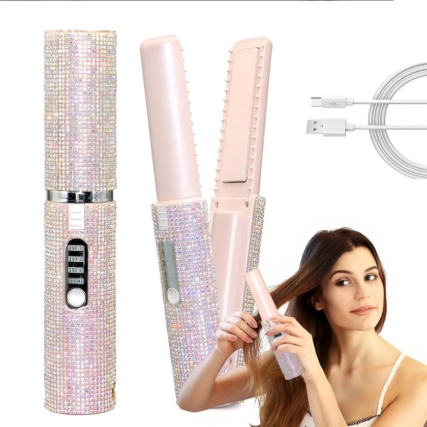 Amazon.com : 2024 New Gemstone Portable Hair Straightener Cordless,2 in 1 Create straight and wavy curls anytime, anywhere, USB Rechargeable Fast Heating Travel Rhinestone Hair Straightener for Thick (Pink) : Beauty & Personal Care
