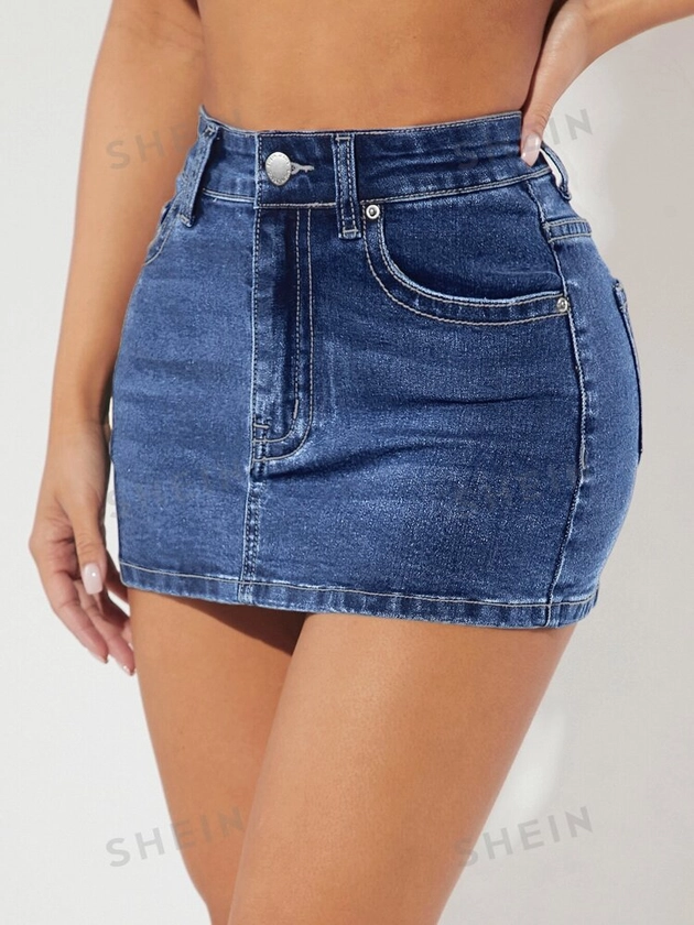 SHEIN PETITE High Waist Bodycon Denim Skirt