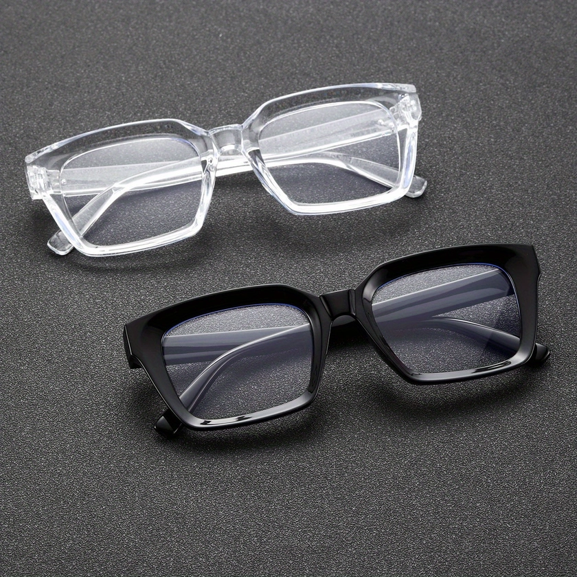 2pcs Men's Classic Square Frame Glasses, Flat Mirror With Rice Studs Glasses Casual Plastic Decorative Eyewear