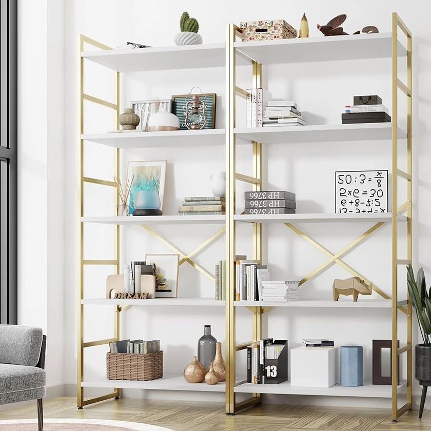 Amazon.com: Shintenchi 2 Pieces 5 Tiers Bookshelf, Classically Tall Bookcase Shelf, Industrial Book Rack, Modern Book Holder in Bedroom/Living Room/Home/Office, Storage Rack Shelves for Books/Movies-Gold : Home & Kitchen