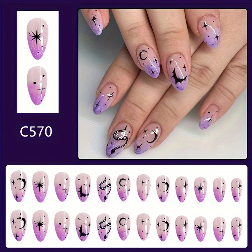 24-Piece Short Almond Shaped Press-on Nail Set, Mixed Color System, Glossy Finish with Halloween Themed Bat, Moon, and Stars Design, Cute and Quirky F