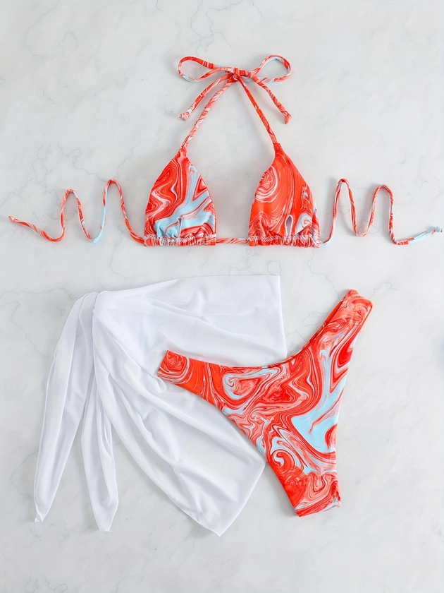 Swirl Print Triangle Halter 2 Piece Set Bikini, Tie Back Cheeky Stretchy Swimsuits, Women's Swimwear & Clothing