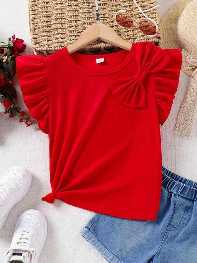 SHEIN adolescent Fille Tee-shirt Avec Nœud Et Bordure À Volants Devant