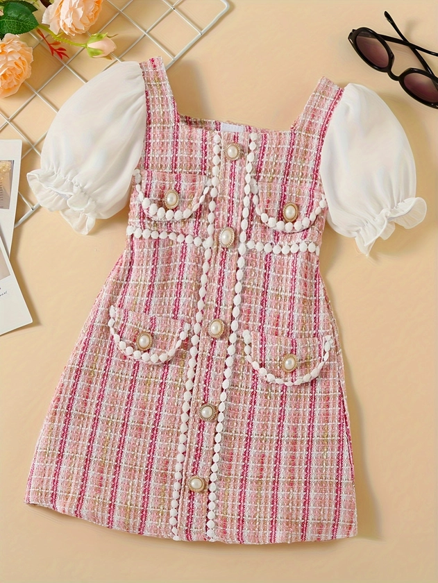 Elegant Splicing Dress Pocket Design Girls Square Neck Pull Sleeve Casual & Sweet Dress For Party Birthday