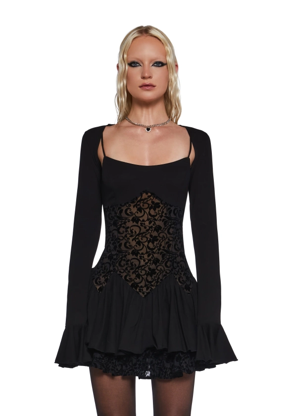 Royalcore Chiffon Mesh Velvet Flocked Mini Dress With Cardigan Sugar Thrillz - Black