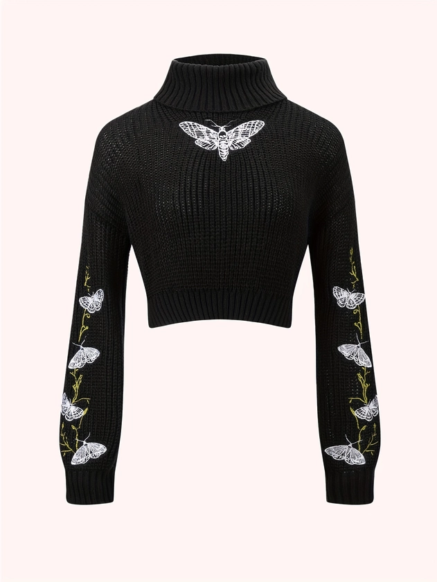 Butterfly Pattern Turtle Neck Pullover Sweater, Casual Long Sleeve Crop Sweater, Women's Clothing