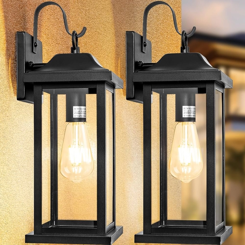 2-Pack 17 Inch Large Outdoor Light Fixtures, Exterior Matte Black Wall Sconces IP65 Waterproof Anti-Rust, Porch Lights with Clear Glass Outside Modern Wall Lanterns E26 Bulb Base