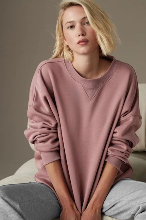 Taupe Brown Oversized Relaxed Fit Heavyweight Brushed Longline Crew Neck Sweatshirt