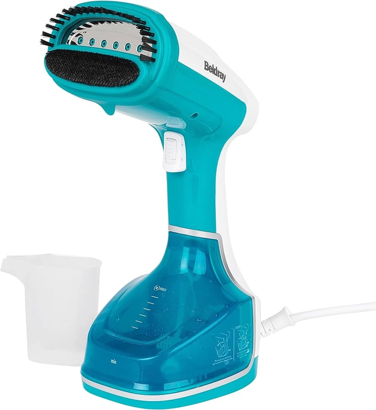 Beldray Portable Handheld Garment Steamer – Handi Steam Max Pro Travel Steam Generator, Wrinkle Remover with 2 in 1 Brush, Continuous Steam, 260ml Large Water Tank, Fast Heat Up, Turquoise