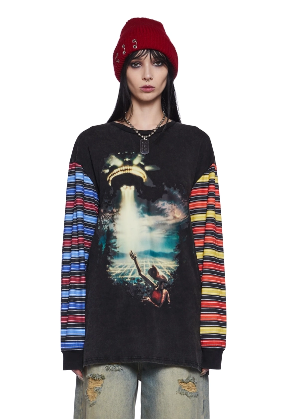 Dolls Kill x E.T. Striped Oversized Washed Tee Phone Home - Multi