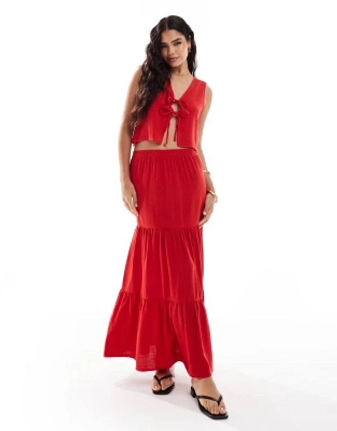 Miss Selfridge linen tiered maxi skirt in red | ASOS