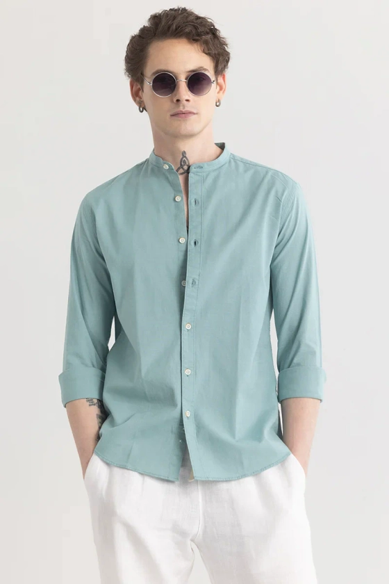 Mandarique Blue Linen Blend Shirt