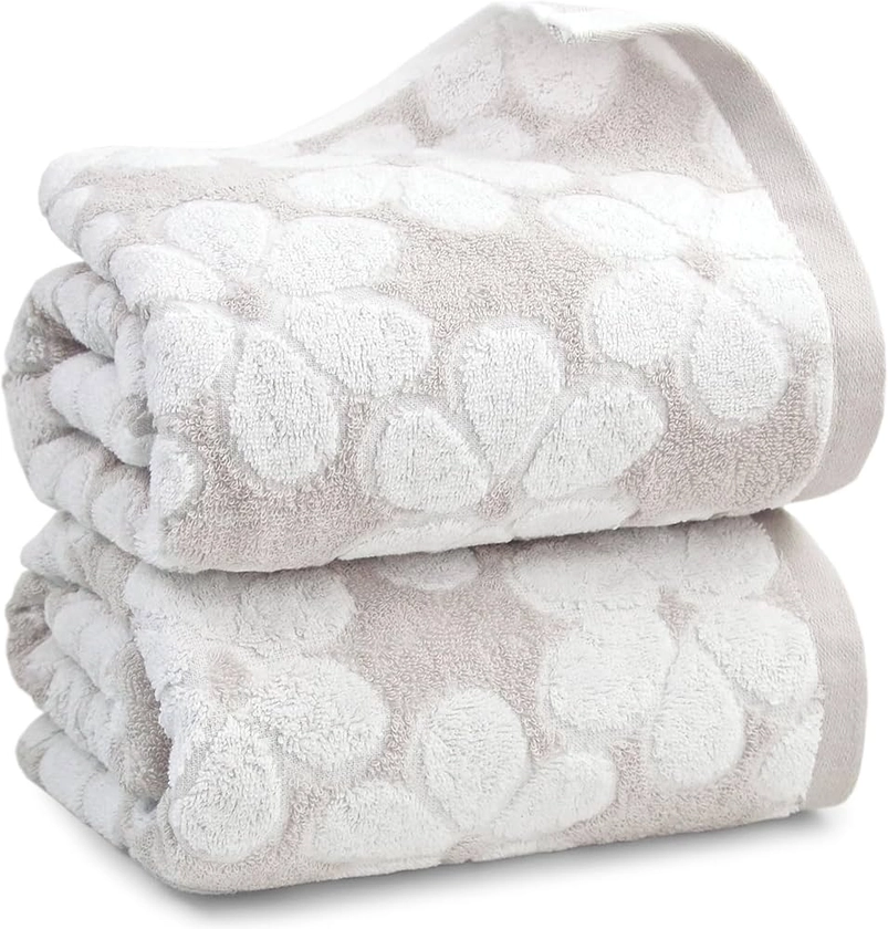 Soft Bath Towels 2 Pack, Super Absorbent Shower Towels 27.5x55 Inches, Cute Floral Jacquard Bathroom Towel Set, Cotton, Light Beige