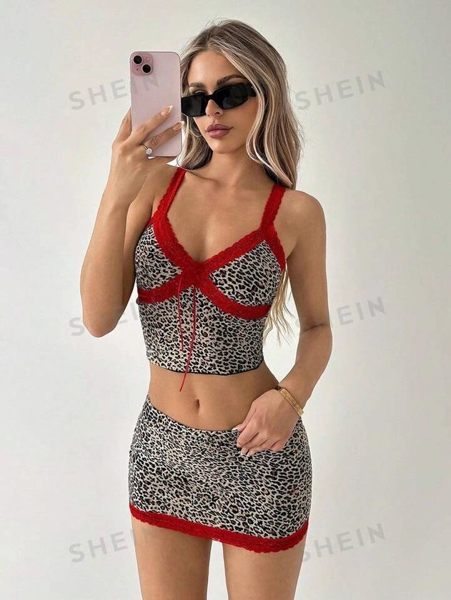 SHEIN ICON Summer Sexy Contrast Lace Leopard Print Suspenders Mini Skirt Tight Two-Piece Suit | SHEIN UK