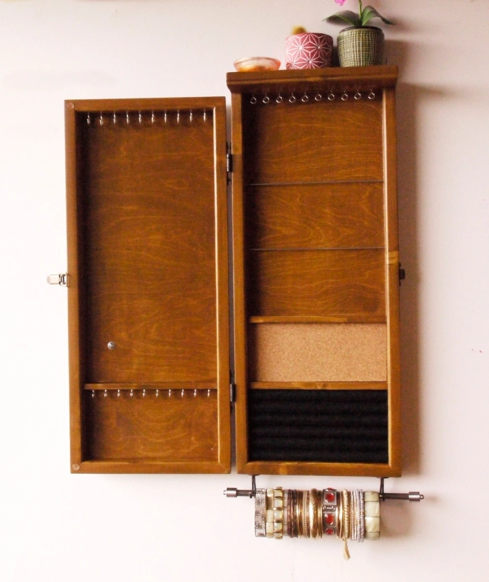 Jewelry cabinet/ Armoire / Earring display/ TEAK stain jewelry storage/Wooden wall mounted earring organizer. earrings storage. jewelry case