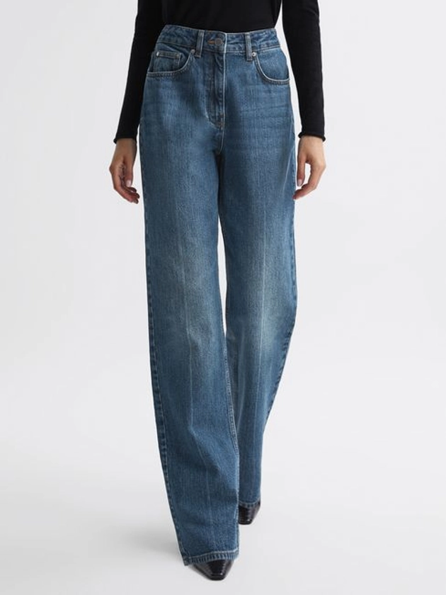 High Rise Straight Leg Jeans in Mid Blue - REISS