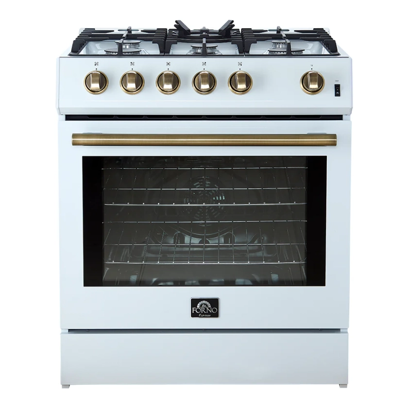 Forno Espresso 30” Gas Range in White with Antique Brass Handles, FFSG