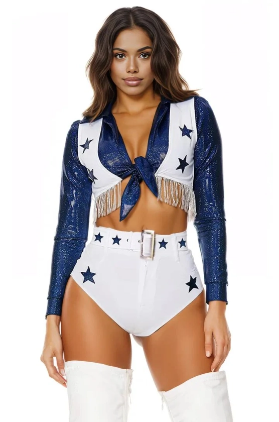 Blue Sparkly White Fringe Sexy Cowboy Cheerleader Costume