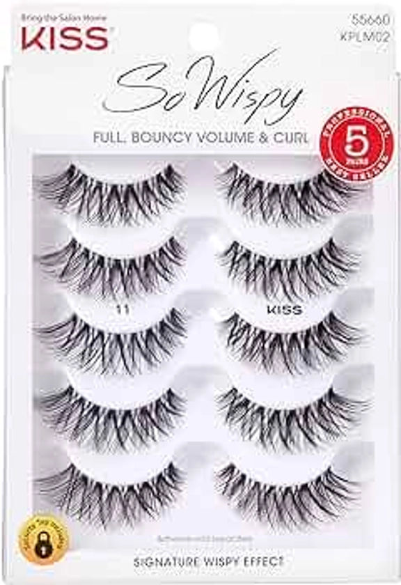 KISS So Wispy False Eyelashes Multipack #11, Full Bouncy Volume & Curl, Signature Wispy Effect, Quality Synthetic, Crisscross Pattern, Cruelty Free, Reusable and contact lens friendly, 5 Pairs