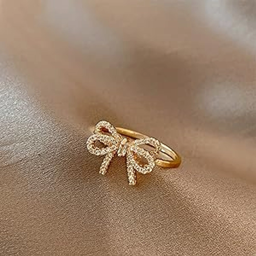 HETICA Bow Ring for Women, Zirconia Butterfly Ring Adjustable Open Ring, Bow Ribbon Ring Jewelry for Her Valentine's Day Birthday Ring Gift