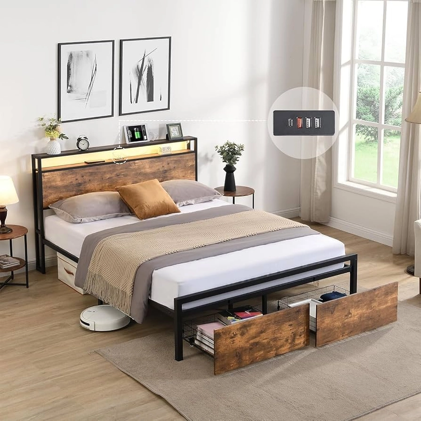 Modern Industrial Full Bed Frame with Storage Headboard and 2 Drawers,LED Lights and 2 USB Ports,Metal Platform Bed No Noise, Metal Slats Support, No Box Spring Needed (Full Size,with 2 Drawers)