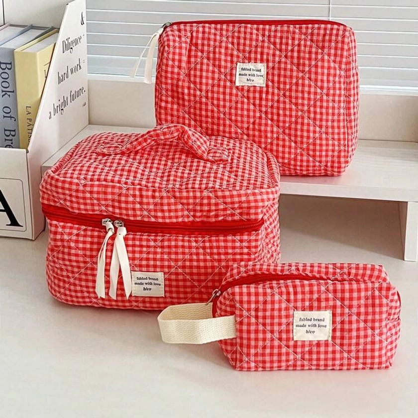 1 Pc Red Berry Plaid Make Up Bag For Women Travel Large Red Cosmetic Bag Pouch