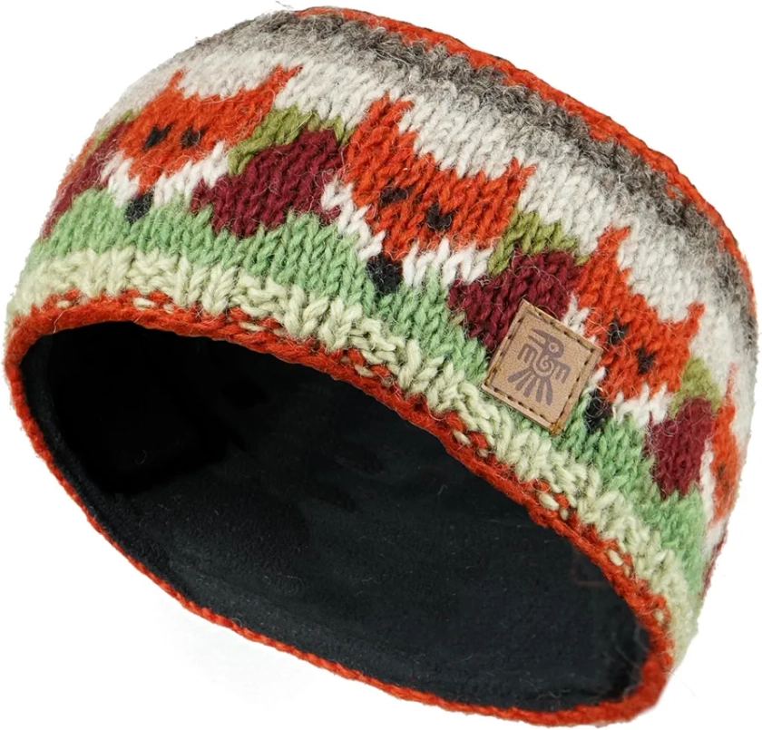 Pachamama Women Wool Ear Warmer Headband Fleece Lined Handknitted Fox Multicoloured One-Size Handmade Fair Trade