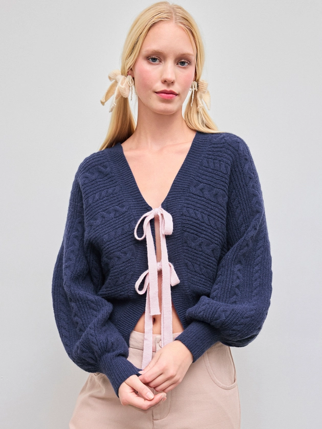 Cable Knit V-neck Solid Tie Front Cardigan