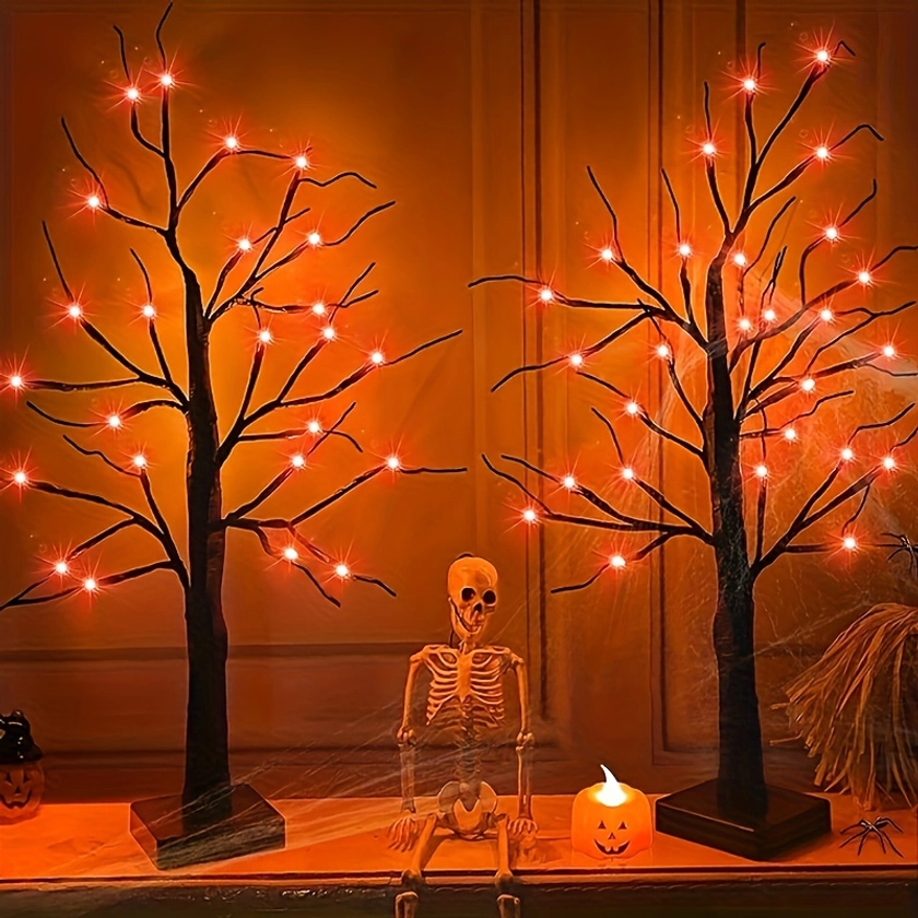 60.96cm Led Spooky Tree With Orange Lights - Battery-Powered Halloween Decor For Indoor Home, Black Tabletop Tree With Halloween Theme